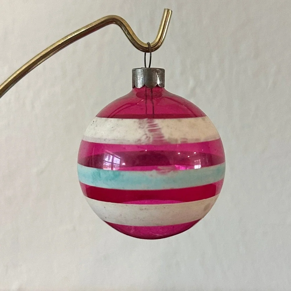Vintage Heim Unsilvered Glass Christmas Ornament Pink White Blue Striped USA 2